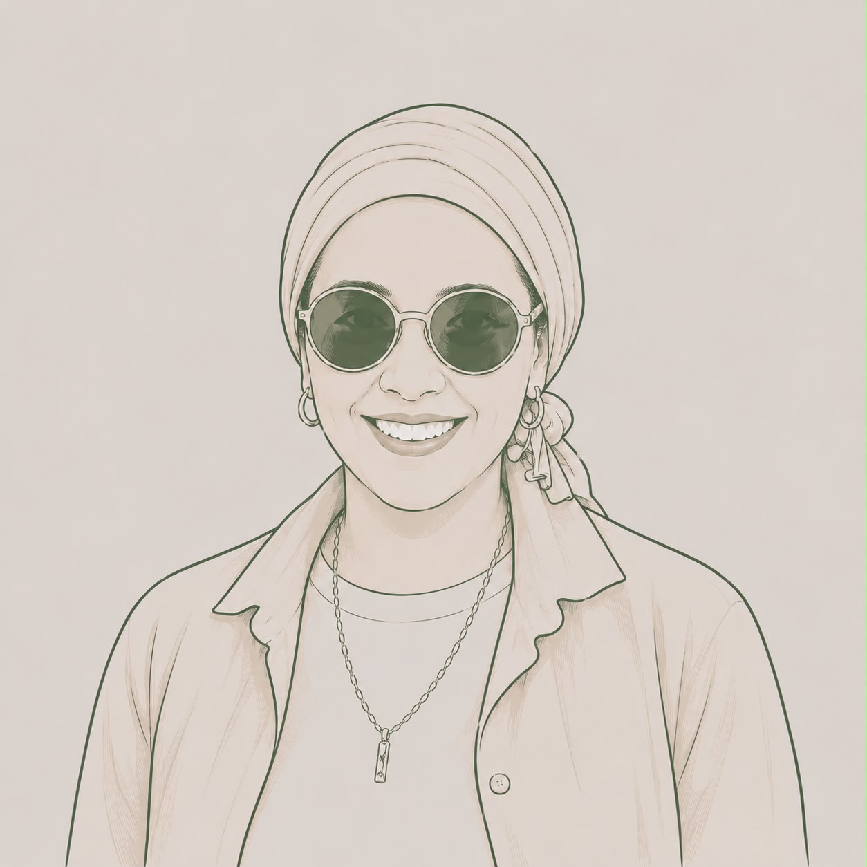 Portrait dessiné de Graphykha, graphiste freelance, souriante avec un foulard et des lunettes teintées de vert