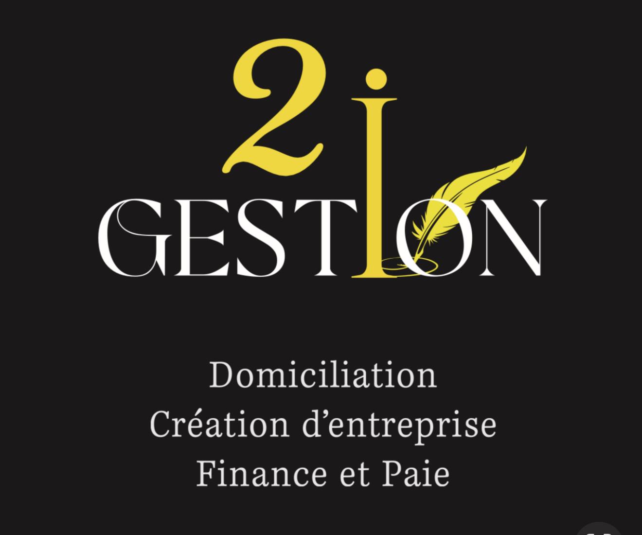Logo 2i Gestion, lettrage blanc et jaune avec une plume dorée