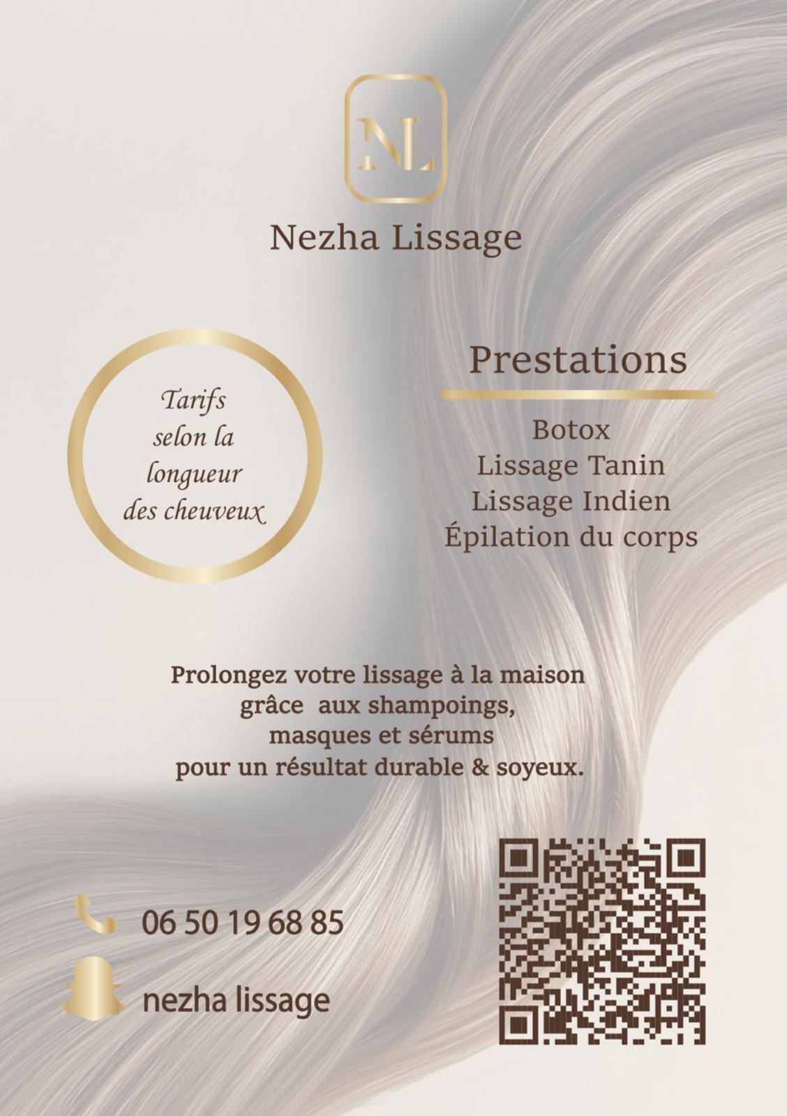 Flyer Nezha Lissage avec monogramme doré et fond de chevelure soyeuse