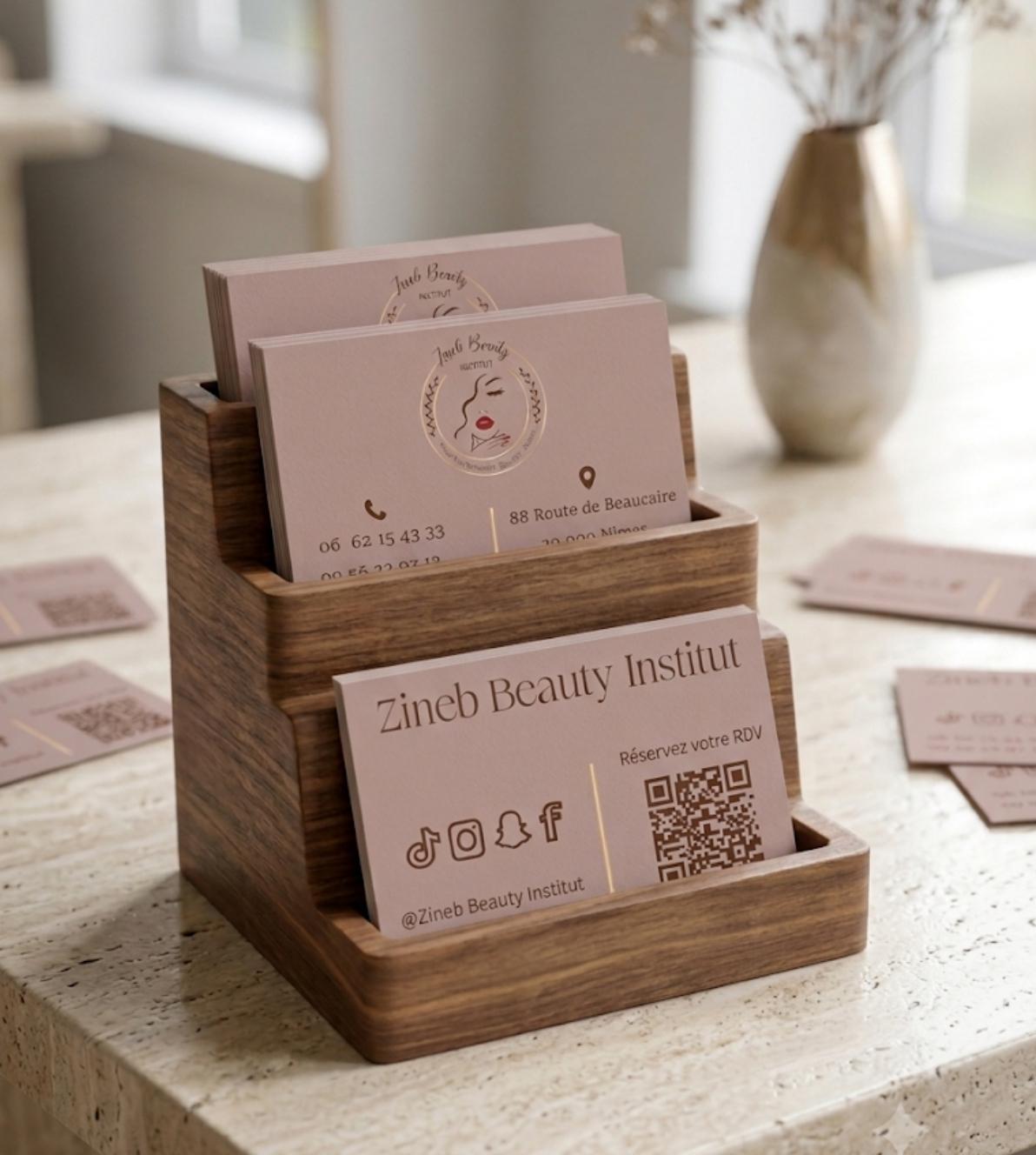 Cartes de visite Zineb Beauty Institut rose poudré dans un présentoir en bois